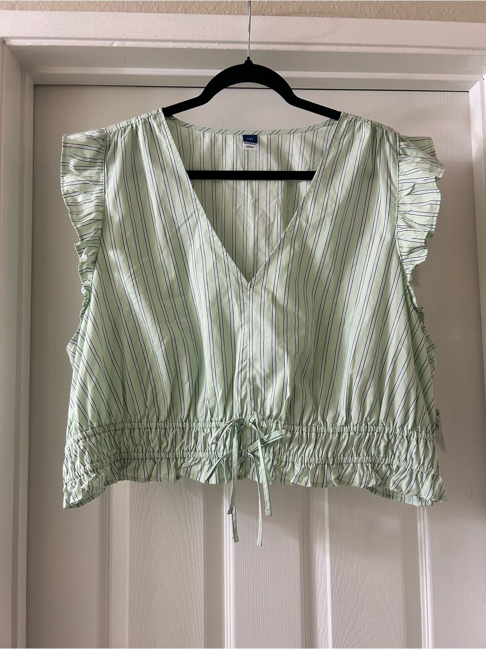 Light Green Striped V-Neck Ruffle Sleeve Top